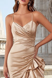 Champagne Spaghetti Straps Ruffled Mermaid Long Prom Dress with Slit