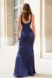 Sparkly Navy Mermaid Cut Out Long Prom Dress with Slit