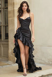 Black Ruffled Spaghetti Straps Sheath High Low Prom Dress