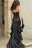 Black Ruffled Spaghetti Straps Sheath High Low Prom Dress