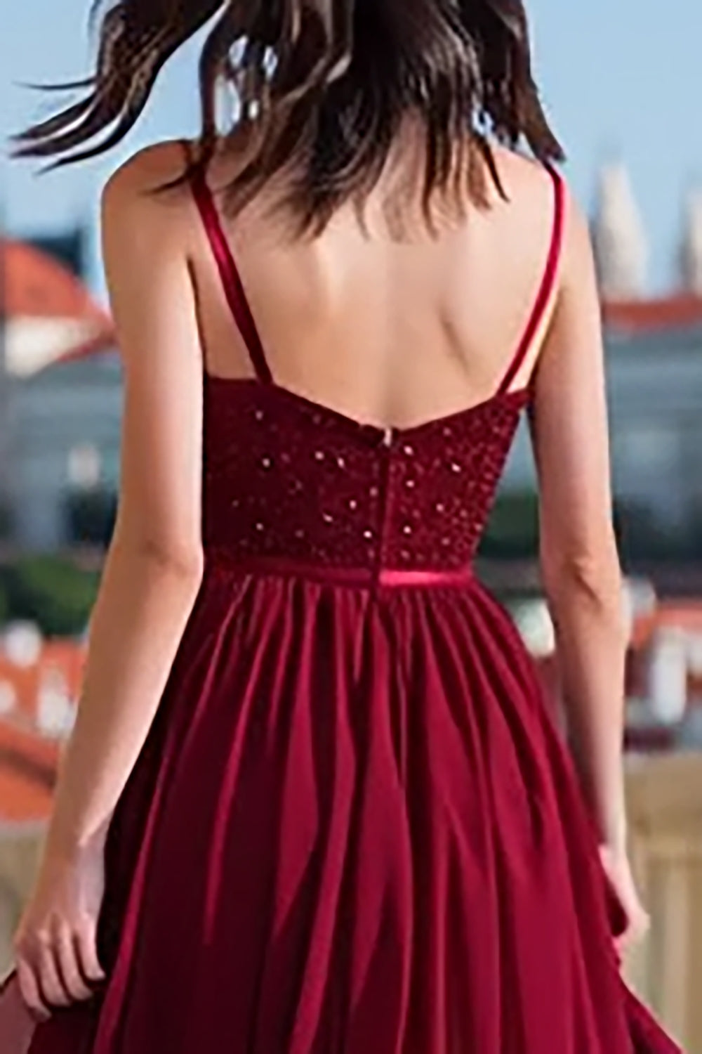 Sparkly Burgundy Sequin Spaghetti Straps Long Prom Dress