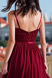 Sparkly Burgundy Sequin Spaghetti Straps Long Prom Dress