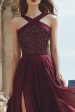 Sparkly Burgundy Sequin Long Prom Dress with Slit