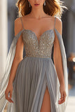 Sparkly Light Grey Cold Shoulder Long Prom Dress