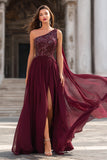 Sparkly Burgundy One Shoulder Long Prom Dress with Sequins