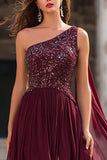 Sparkly Burgundy One Shoulder Long Prom Dress with Sequins