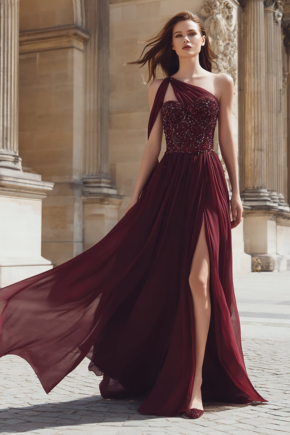 Sparkly Burgundy One Shoulder A Line Long Prom Dress