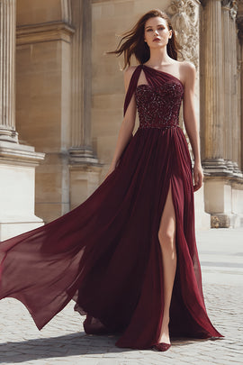 Sparkly Burgundy One Shoulder A Line Long Prom Dress