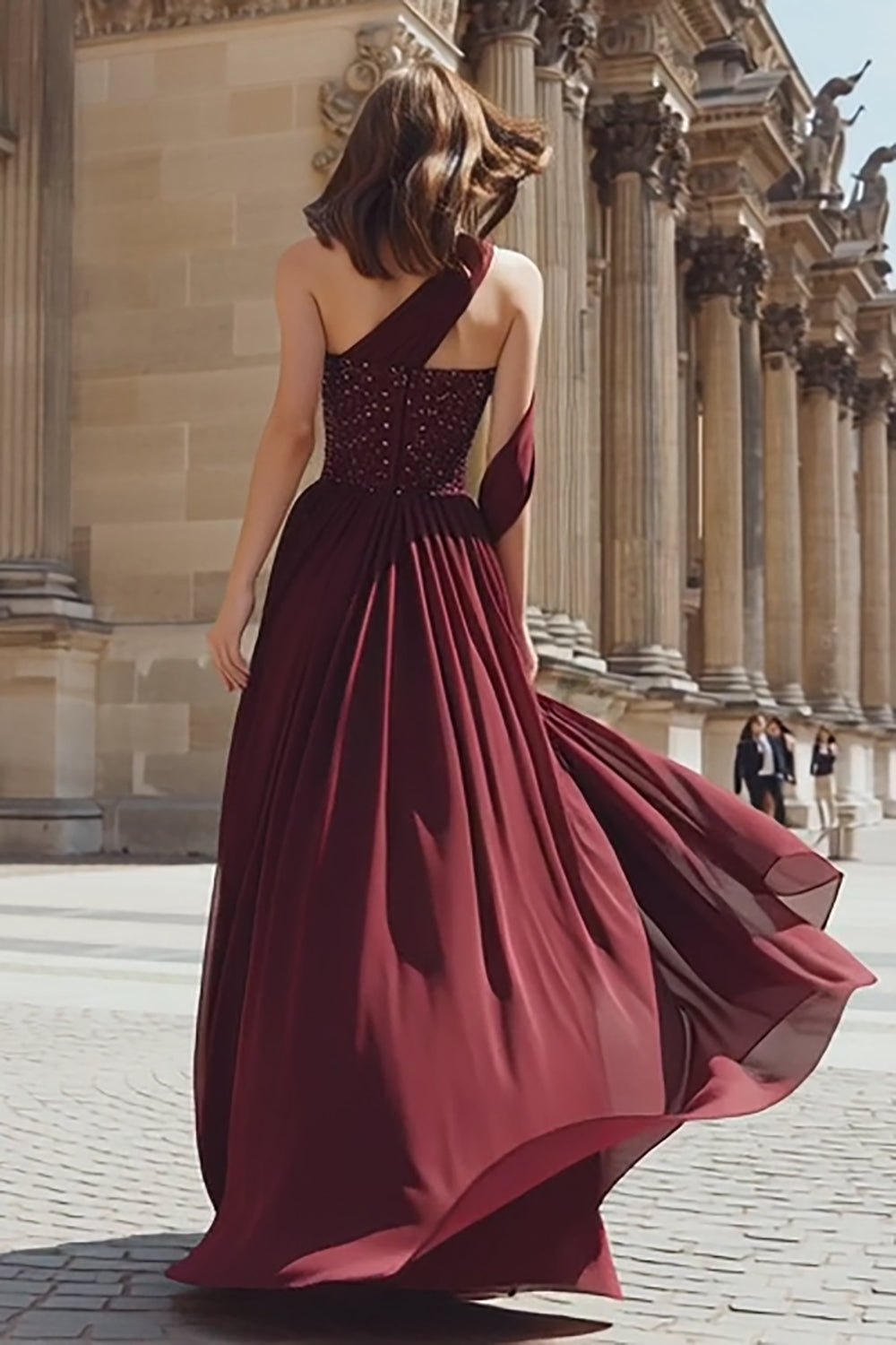 Sparkly Burgundy One Shoulder A Line Long Prom Dress