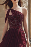 Sparkly Burgundy One Shoulder A Line Long Prom Dress