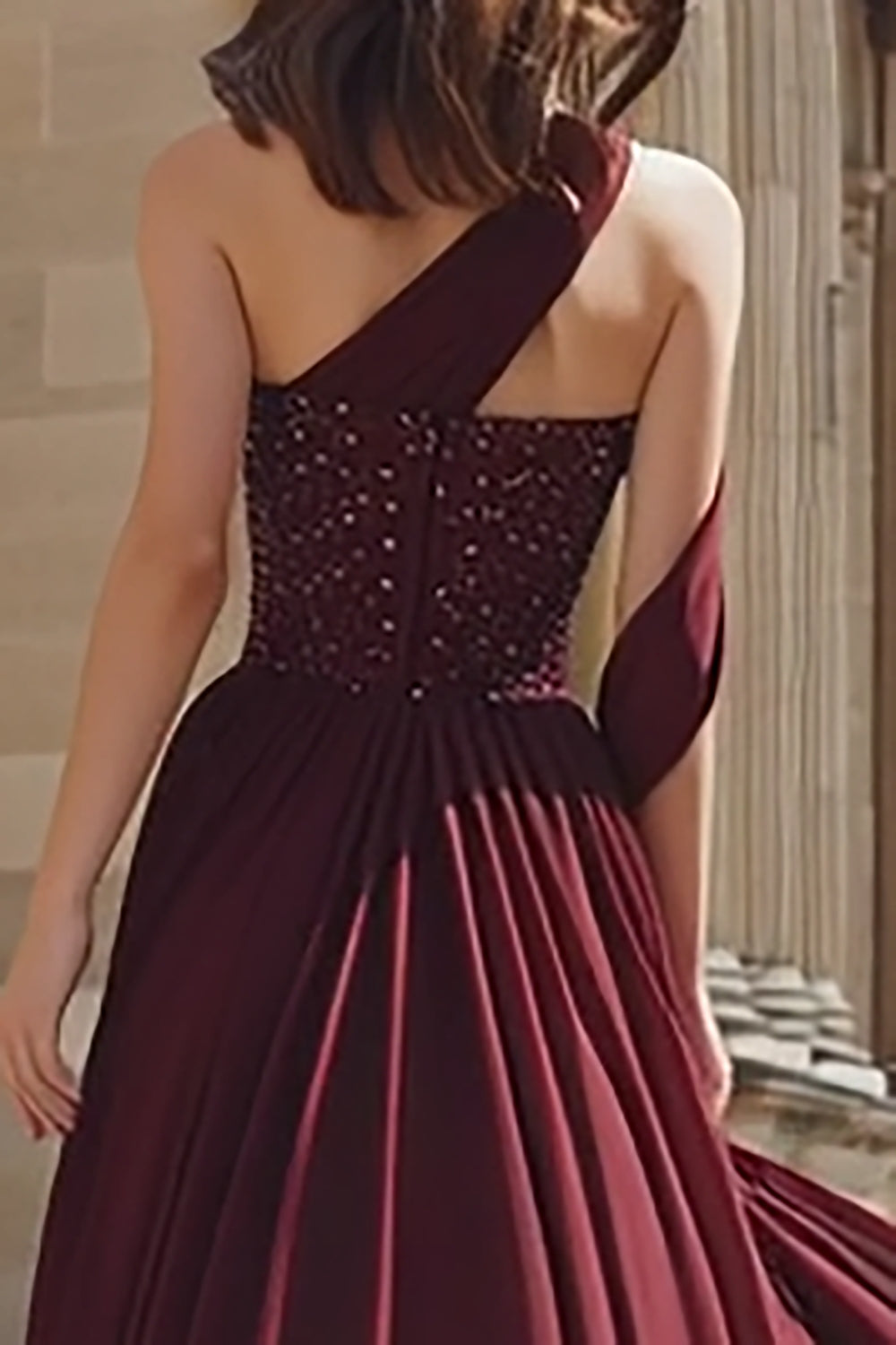 Sparkly Burgundy One Shoulder A Line Long Prom Dress