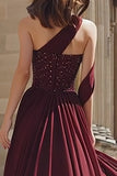 Sparkly Burgundy One Shoulder A Line Long Prom Dress