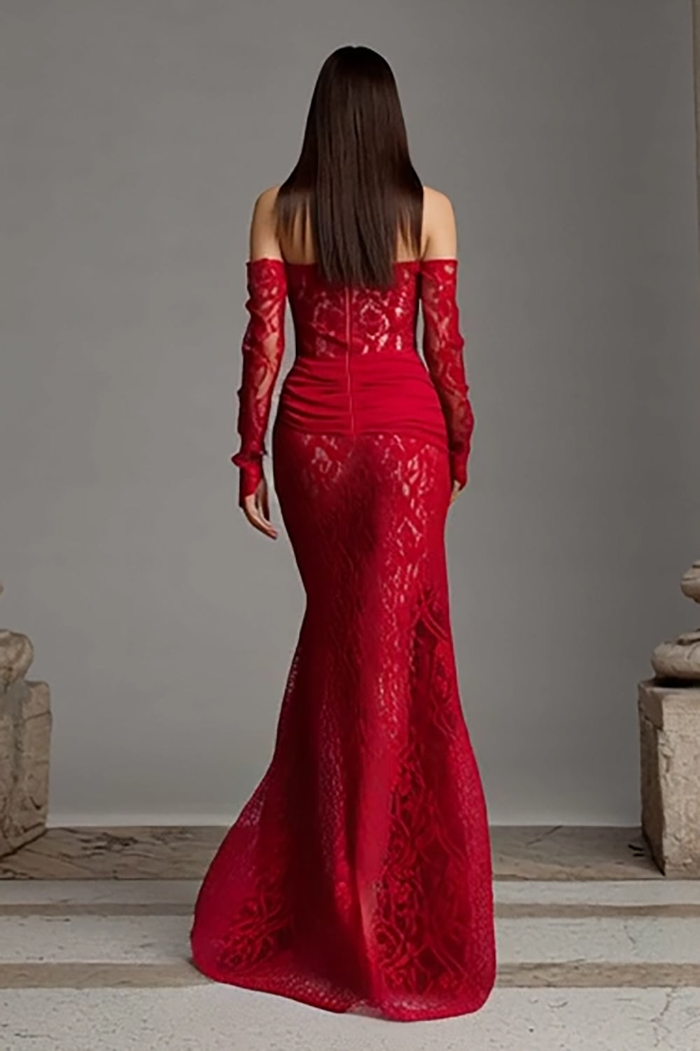 Red Lace Mermaid Strapless Long Corset Prom Dress with Sleeves