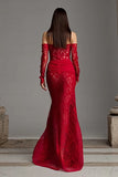 Red Lace Mermaid Strapless Long Corset Prom Dress with Sleeves