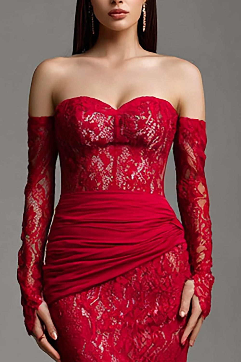Red Lace Mermaid Strapless Long Corset Prom Dress with Sleeves