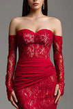 Red Lace Mermaid Strapless Long Corset Prom Dress with Sleeves