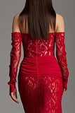 Red Lace Mermaid Strapless Long Corset Prom Dress with Sleeves