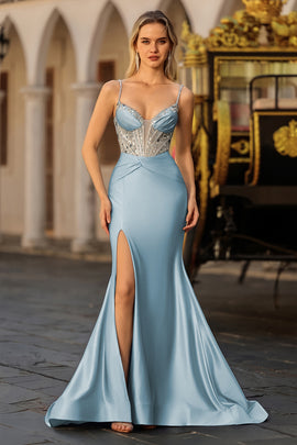 Sparkly Dusty Blue Satin Mermaid Long Corset Prom Dress with Slit