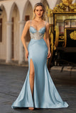 Sparkly Dusty Blue Satin Beaded Long Corset Prom Dress with Slit