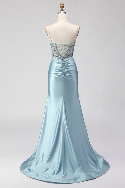 Sparkly Dusty Blue Satin Beaded Long Corset Prom Dress with Slit