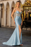 Sparkly Dusty Blue Satin Mermaid Long Corset Prom Dress with Slit