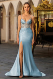 Sparkly Dusty Blue Satin Mermaid Long Corset Prom Dress with Slit