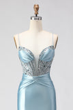Sparkly Dusty Blue Satin Beaded Long Corset Prom Dress with Slit