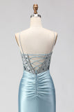 Sparkly Dusty Blue Satin Beaded Long Corset Prom Dress with Slit