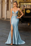 Sparkly Dusty Blue Satin Mermaid Long Corset Prom Dress with Slit