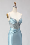 Sparkly Dusty Blue Satin Beaded Long Corset Prom Dress with Slit