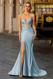 Sparkly Dusty Blue Satin Mermaid Long Corset Prom Dress with Slit
