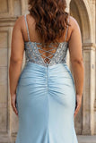 Plus Size Sparkly Dusty Blue Satin Beaded Long Corset Prom Dress with Slit