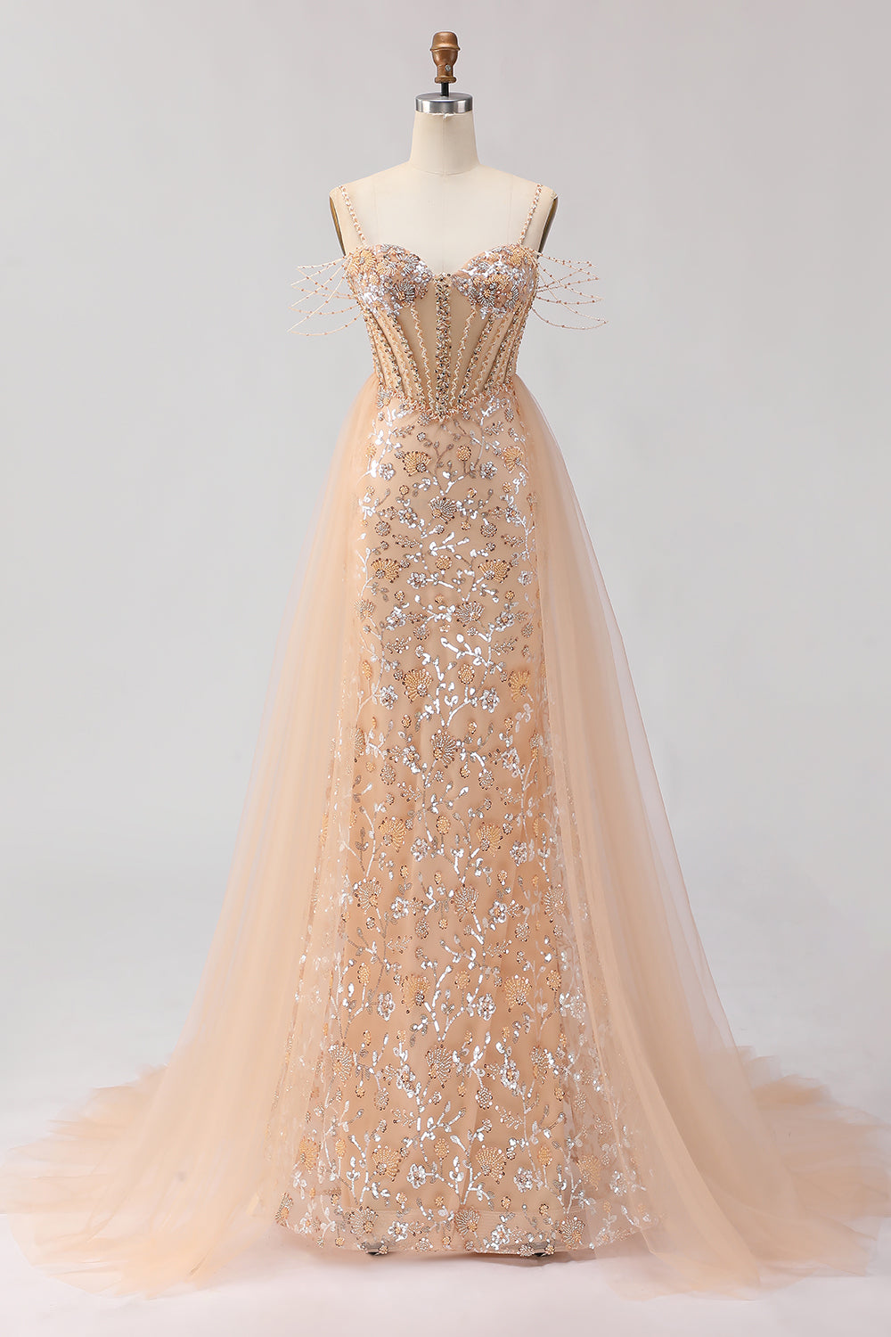 Sparkly Floral Champagne Tulle Beaded Long Corset Prom Dress