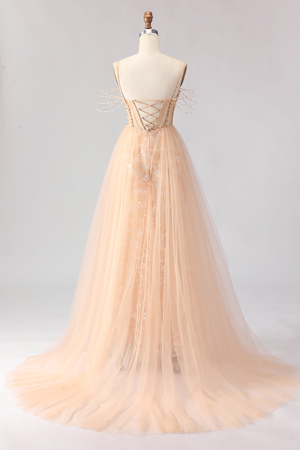Sparkly Floral Champagne Tulle Beaded Long Corset Prom Dress