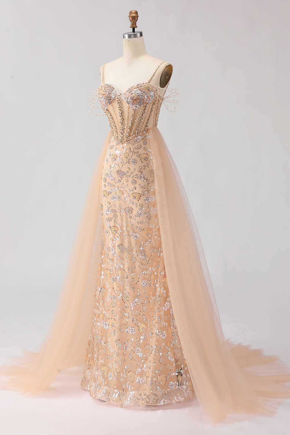 Sparkly Floral Champagne Tulle Beaded Long Corset Prom Dress