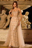 Sparkly Champagne Floral Tulle Long Corset Prom Dress with Beading