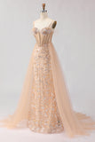 Sparkly Floral Champagne Tulle Beaded Long Corset Prom Dress