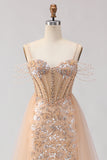 Sparkly Floral Champagne Tulle Beaded Long Corset Prom Dress