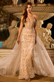 Sparkly Champagne Floral Tulle Long Corset Prom Dress with Beading