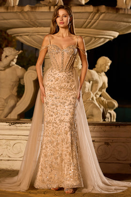 Sparkly Champagne Floral Tulle Long Corset Prom Dress with Beading