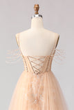 Sparkly Floral Champagne Tulle Beaded Long Corset Prom Dress