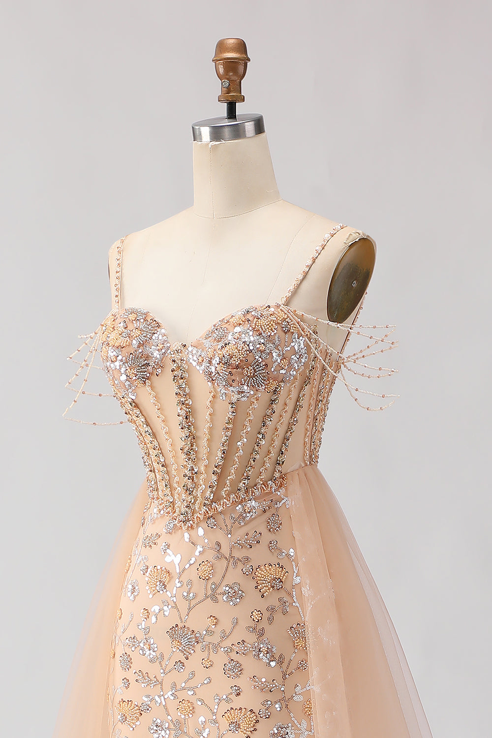 Sparkly Floral Champagne Tulle Beaded Long Corset Prom Dress
