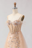 Sparkly Floral Champagne Tulle Beaded Long Corset Prom Dress