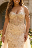 Plus Size Sparkly Floral Champagne Tulle Beaded Long Corset Prom Dress