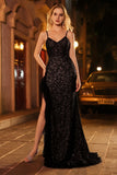 Sparkly Black Mermaid Beaded Long Corset Prom Dress with Slit