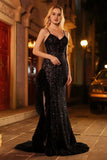 Sparkly Black Mermaid Beaded Long Corset Prom Dress with Slit