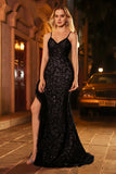 Sparkly Black Mermaid Beaded Long Corset Prom Dress with Slit