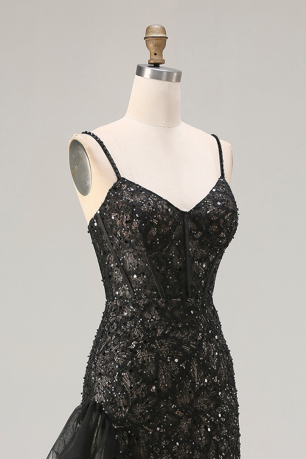 Sparkly Black Mermaid Beaded Long Corset Prom Dress with Ruffles