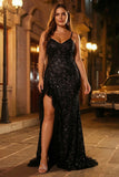 Sparkly Black Plus Size Mermaid Beaded Long Corset Prom Dress with Ruffles