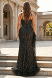 Sparkly Black Plus Size Mermaid Beaded Long Corset Prom Dress with Ruffles